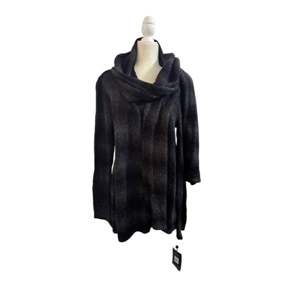 Elie Tahari Woman's Knit Open Cardigan Removable Scarf Grey Black Long Sleeves L - Picture 4 of 10